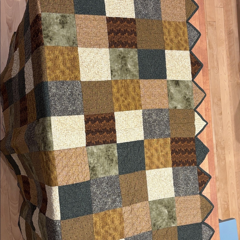 Patchwork Quilt Throw in Brown, Tan, Green, Cream - Unbranded